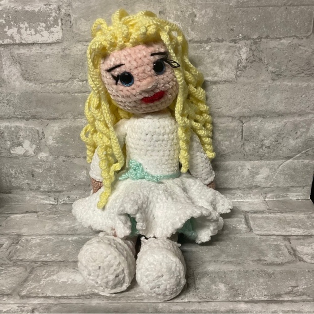 HandMade‎ Crocheted Girl Doll 16 Inches Super Soft, Blonde Curly Hair NEW